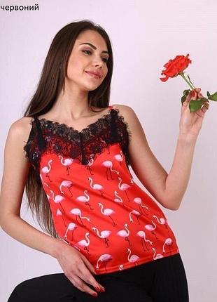 Майка женская на бретелях шелковая атласная с кружевом красный р.46 42
