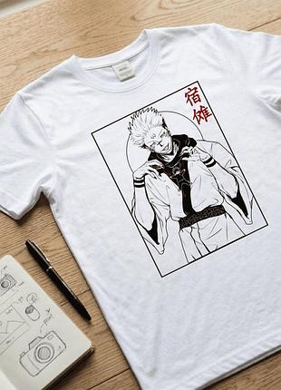 Мужская футболка белая с аниме принтом размер l «jujutsu kaisen / магическая битва» с персонажем sukuna / сукуна. аниме футболка.