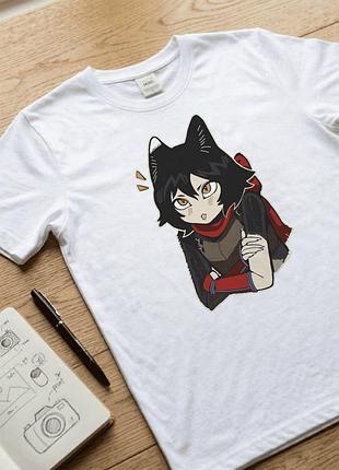 Женская футболка белая с аниме принтом размер s «rwby / руби» с персонажем blake belladonna / блейк белладонна. аниме футболка. женские футболки.
