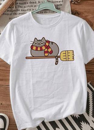 Женская футболка белая с принтом размер l «pusheen on a broom» — стильная футболка для женщин