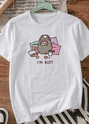 Футболка с принтом размер l «i'm busy (pusheen)» стильная футболка для женщин и мужчин, индивидуальные качественные принты. стильная одежа