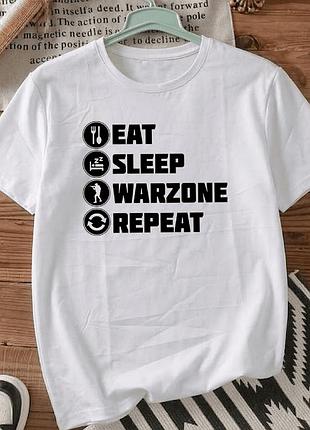 Чоловіча футболка розмір xxxl «eat sleep warzone repeat» — біла футболка з геймерським принтом у gaming стилі. футболки.