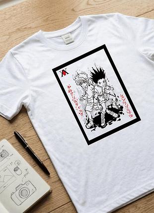 Мужская белая футболка с аниме принтом размер m «hunter x hunter / хантер х хантер» с персонажами гон фрикс и киллуа золдик.