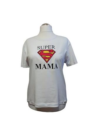 Футболка женская трикотажная белый с вышивкой super мама 62
