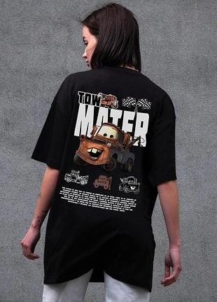 Женская оверсайз футболка without с принтом tow mater black l/xl 2xl-3xl