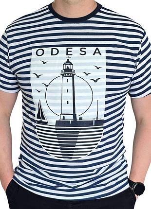Мужская футболка тельняшка морская вязанная с коротким рукавом принт "odesa" темно-синяя полоса хлопок 100% m