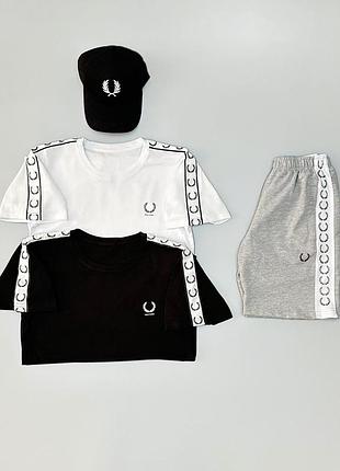 Футболка черная + футболка белая + шорты серые + кепка fred perry lampas