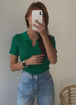 Женская базовая футболка polo oversize из турецкого мустанга стильная однотонная футболка 42-46 зелений