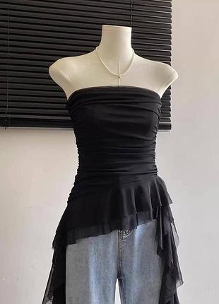 Женский трендовый топ с воланами микродайвинг + сетка черный