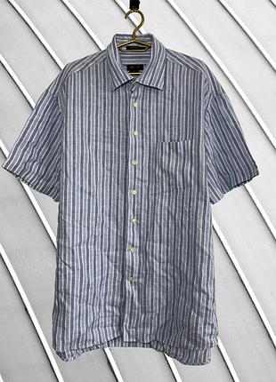 Чоловіча лляна сорочка gant xl 2xl оригінал літня сорочка гант в смужку короткий рукав 100% льон нагрудна кишеня вільна стан ідеал великий розмір