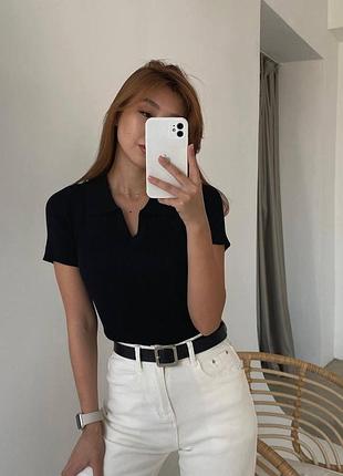 Женская базовая футболка polo oversize из турецкого мустанга стильная однотонная футболка 42-46 чорний