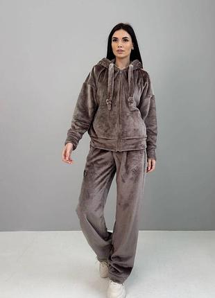 Женский спортивный костюм с искусственным мехом, качественный комплект хлопка свитшот и штаны 44-50 размеры шоколадный 48