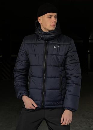 Куртка мужская зимняя теплая с капюшоном nike (найк) темно-синяя m