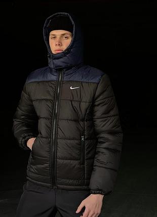 Куртка мужская зимняя теплая с капюшоном nike (найк) черная с синим m