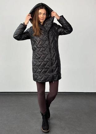 Женская удлиненная стеганая куртка • черная зимняя теплая на силиконе • 44-50 размер 48, xl