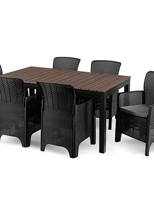 Комплект садовой мебели mebel elite argos 160-260*90 см орех и 6 креслел fresno черный