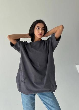 Женская футболка oversize с порезами / трендовая базовая футболка / стильный летний оверсайз графіт, 42/46
