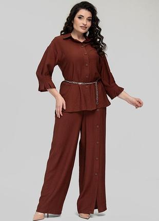 Женский летний костюм из льна бохо (рубашка + брюки), свободный крой, большой размер 52 корица