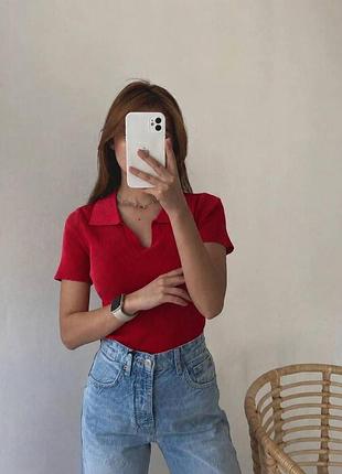 Жіноча базова футболка polo oversize з турецького мустангу стильна однотонна футболка 42-46 червоній