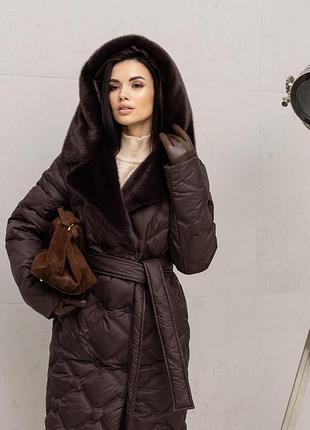 Куртка-пальто жіноча довга зимова рига на слімтексі 150 до -15 °c, кольори шоколад/моко, розміри 40-54 54, 3xl