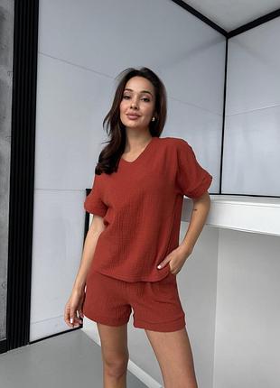 Костюм футболка+шорти жіночий мусліновий теракотовий розмір s, m, l, xl