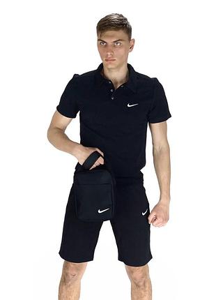 Спортивний костюм чоловічий літній nike чорна футболка + чорні шорти + барсетка m