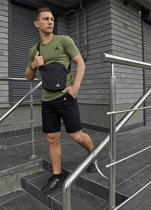 Спортивный летний мужской комплект adidas |футболка adidas мужская хаки |шорты мужские адидас черные |барсетка