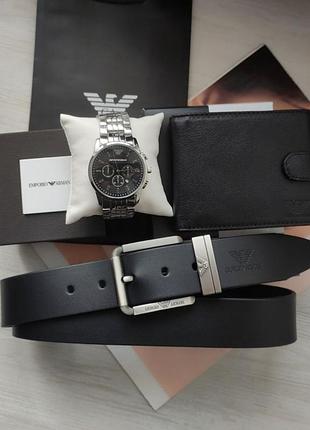 Мужской подарочный набор armani часы, кожаный ремень и кошелек black/silver