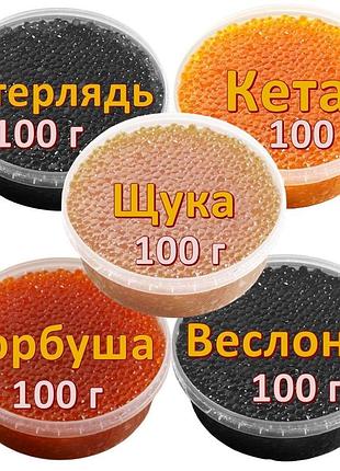 Ікра імітована червона лососева кета + горбуша + веслоніс + стерлядь + щука 5х100 г. дегустаційний сет. україна