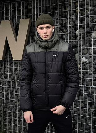 Куртка мужская зимняя теплая с капюшоном nike (найк) черная с хаки xl