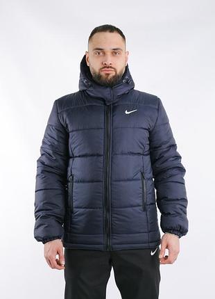 Куртка пуховик мужская зимняя с капюшоном nike темно-синяя l