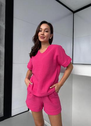 Костюм футболка+шорти жіночий мусліновий зелений розмір s, m, l, xl
