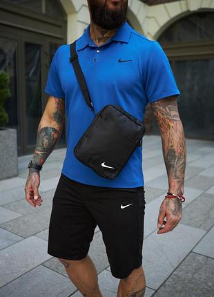 Костюм мужской летний nike синяя футболка + черные шорты + барсетка