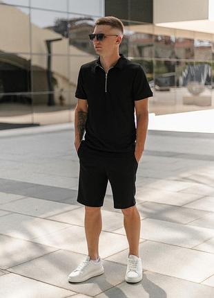 Костюм мужской летний черный футболка на молнии и шорты xl