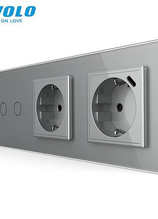 Умный проходной двойной сенсорный выключатель с usb type-c 18 вт стекло серый livolo rem-947