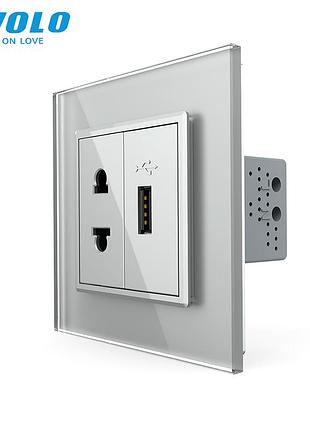 Универсальная розетка с usb 2 в 1 220-240 в 16 а стекло с защитными шторками серая livolo rem-510