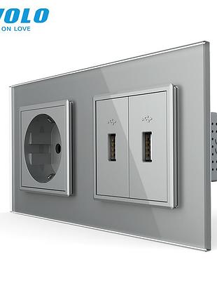 Розетка с заземлением и 2 usb 16 а 220 в для дома 151х80 мм стекло серая livolo rem-2039