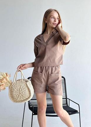 Льняной женский костюм с шортами 50/52, капучино