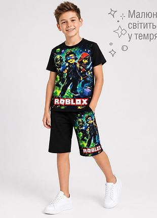 🔥 хит! детский летний костюм roblox светится в темноте для мальчика футболка и шорты 116-152 см 152-158