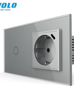 Умный сенсорный проходной выключатель с розеткой и usb type-c 18вт стекло серый livolo rem-1186