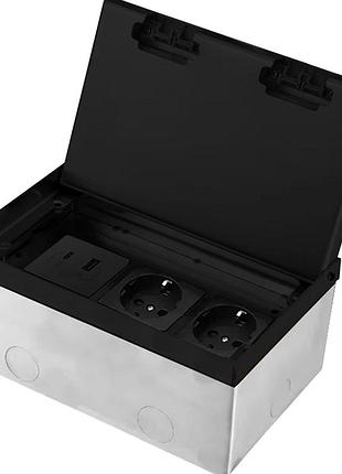 Розетка напольная скрытого монтажа 2 розетки usb-a usb type-c 36 вт нержавеющая сталь черная livolo rem-620