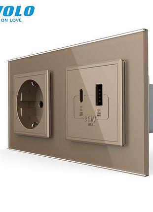 Розетка с usb-a и usb-c power delivery 36w для дома 2 поста стекло золотая livolo rem-1627