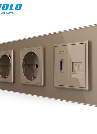 Розетка livolo с usb 18вт hdmi интернет rj-45 заземление шторки 3 поста стекло золотая rem-1703
