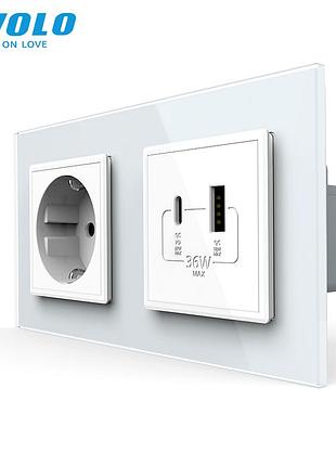 Розетка с usb-a и usb-c power delivery 36w встроенная 2 поста стекло белая livolo rem-1624
