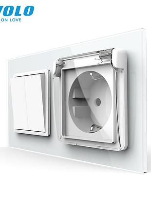 Двухклавишный перекрёстный выключатель с розеткой ip44 до 1600 вт белый стекло livolo rem-736