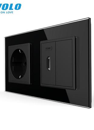 Розетка hdmi 220-240 в 16 а с защитными шторками встроенная 2 поста стекло черная livolo rem-1662