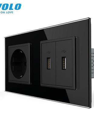 Розетка із заземленням і двома usb для дому чорна скло livolo rem-1630