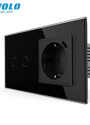 Умный сенсорный выключатель с розеткой и usb type-c 18вт для дома 2 клавиши черный стекло livolo rem-881