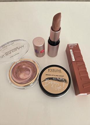 Набір косметики помада kiko хайлайтер catrice рідка матова помада maybelline superstay vinyl ink мило для брів eveline cosmetics brow