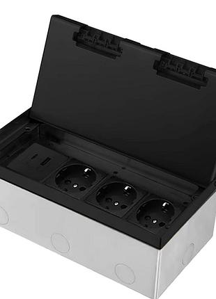 Розетка підлогова прихованого монтажу 3 розетки usb-a usb type-c 36 вт неіржавка сталь чорна livolo rem-635